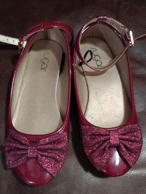 Sugar Girls' Glitter Bow Ankle-Strap Flats - Burgundy Red